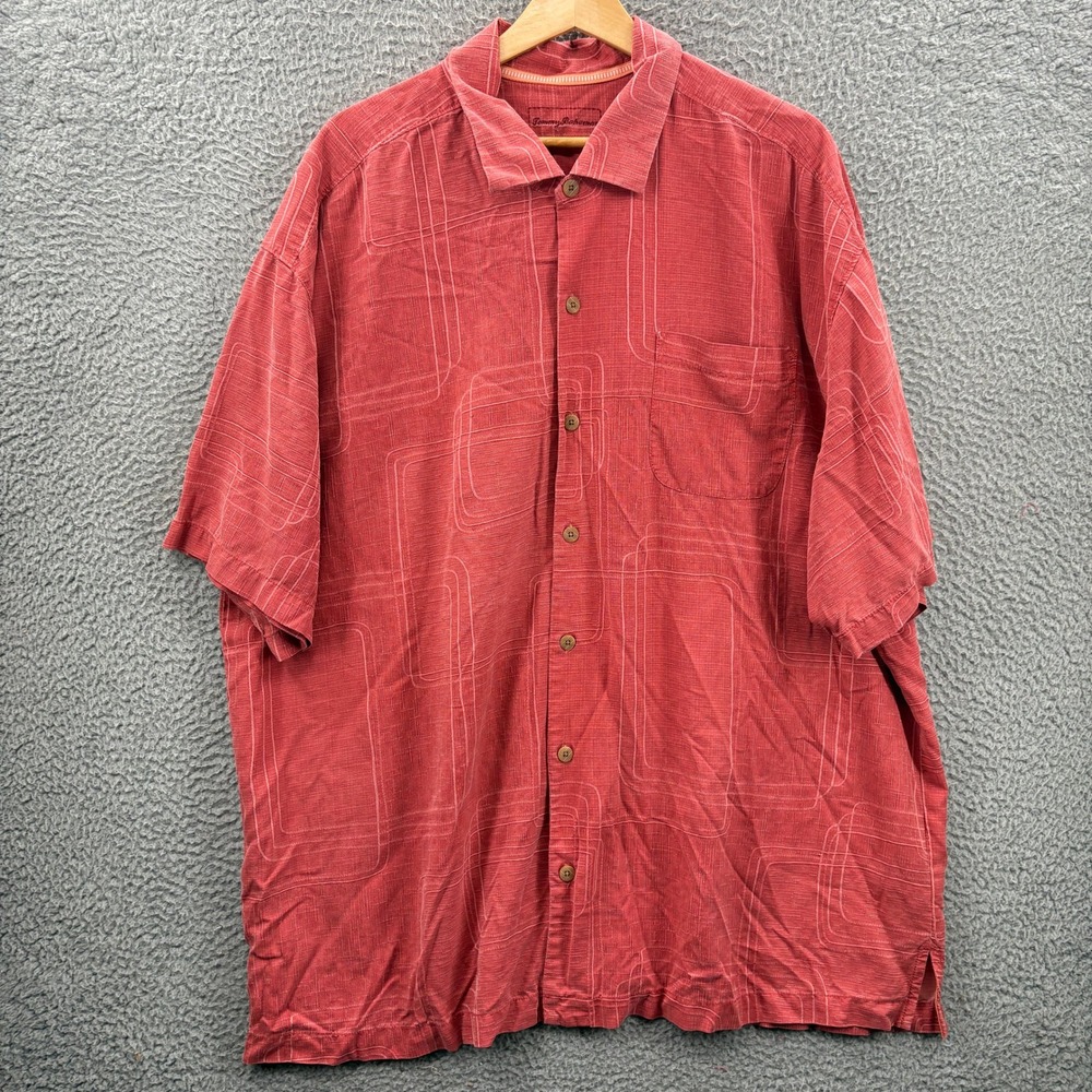 Tommy Bahama Button Up Shirt Men XXL Red Silk Camp Short Sleeve Geometric